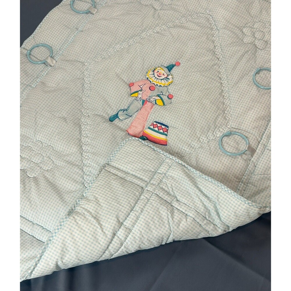 Vintage NOS Kozee Komfort Blue Gingham Clown Baby Quilt Blanket 35" X 47" - Picture 5 of 16